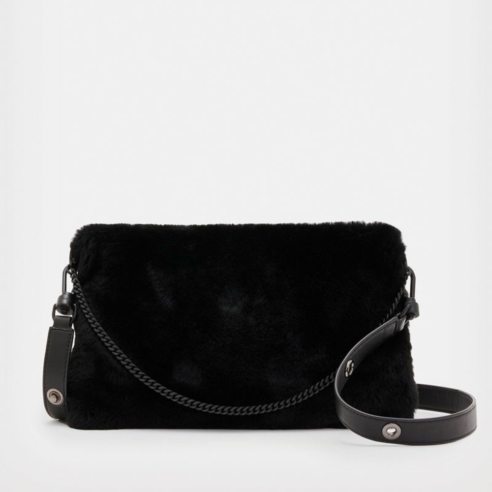 AllSaints Eve Genuine Shearling Crossbody Bag Convertible Chain Strap Zip Top